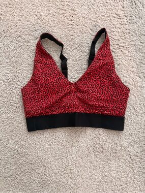 Fabletics Red Leopard Print Sports Bra with Black Band